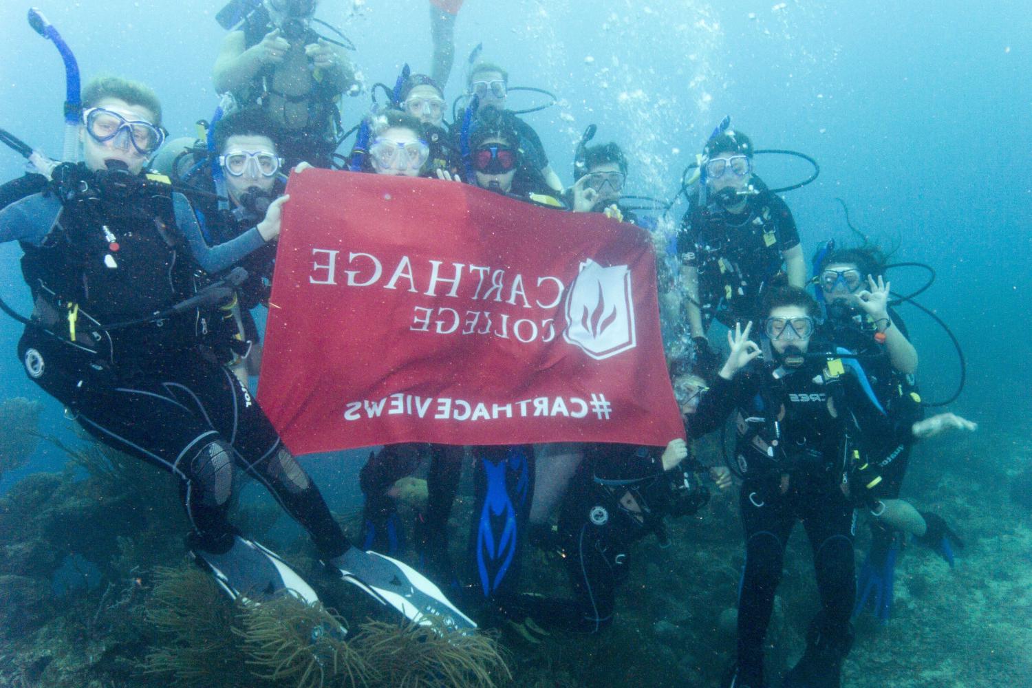 学生们手持<a href='http://hiawuo.kailidaflour.com'>博彩网址大全</a>旗帜，在j学期洪都拉斯游学之旅中潜水.